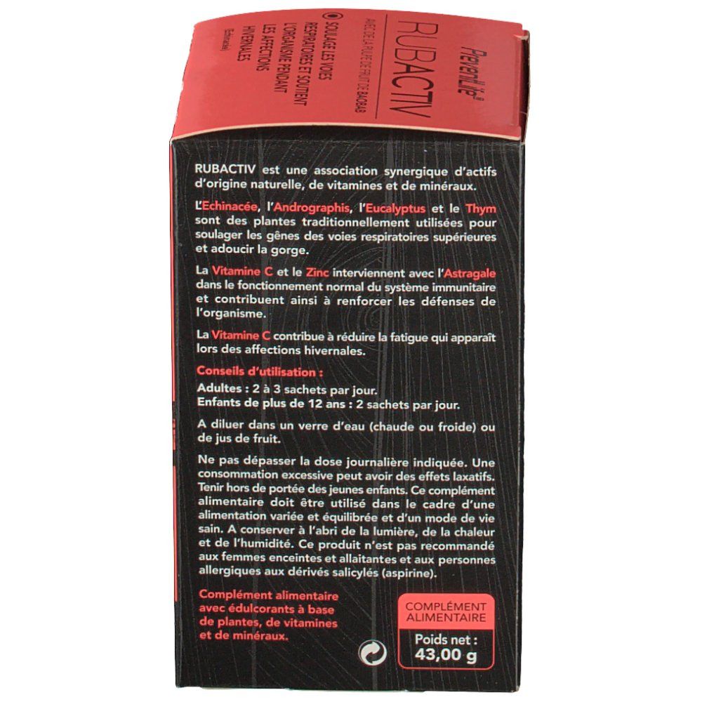 Boîte PreventLife Rubactiv, texte en français. Ingrédients, conseils d'utilisation. Contient des informations sur les vitamines et minéraux.