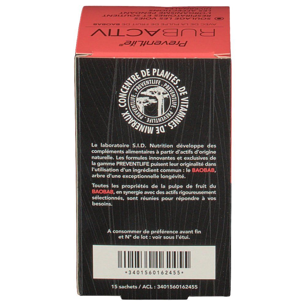 Dos de la boîte PreventLife Rubactiv. Fond noir, texte blanc. Informations sur le produit et le fabricant, code-barres et date.