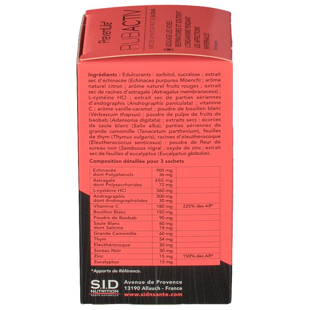 Boîte PreventLife Rubactiv, face rouge. Liste détaillée des ingrédients en français, informations nutritionnelles par sachet.