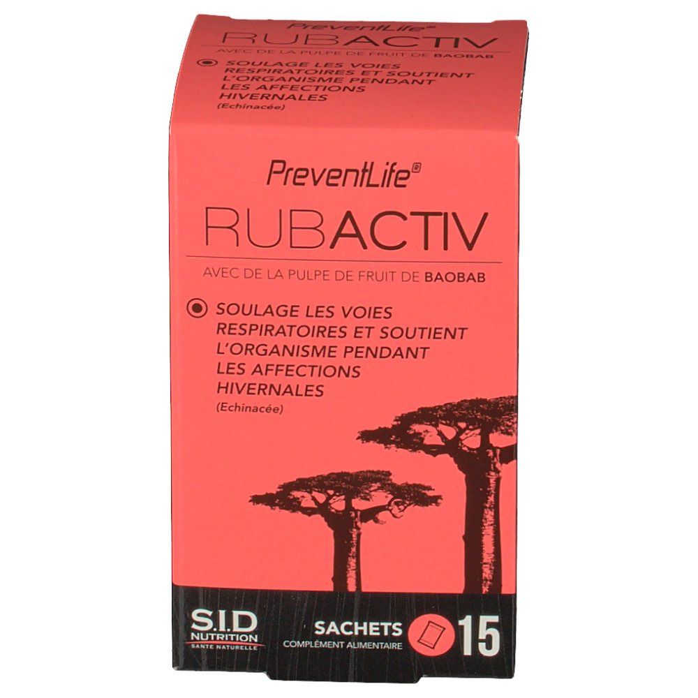 Boîte PreventLife Rubactiv, rouge. Texte blanc, 15 sachets. Indique les bienfaits et les ingrédients principaux du produit.