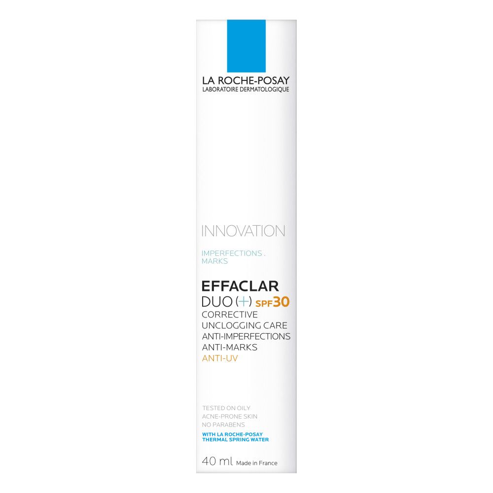 Tube blanc avec logo bleu. Inscription Effaclar Duo+ SPF30. Soin correcteur, anti-imperfections, anti-marques.