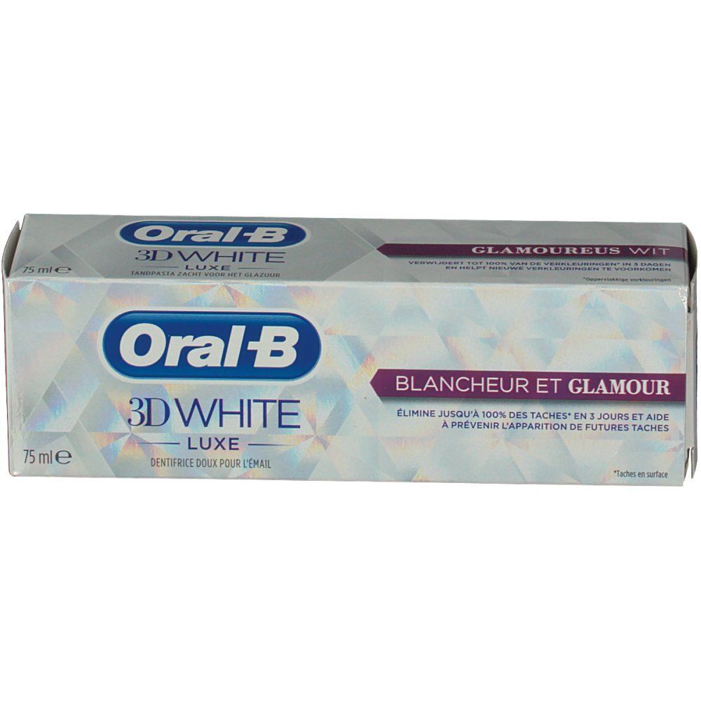 Boîte de dentifrice Oral-B 3D White Luxe. Inscription Blancheur et Glamour. Vue de face.