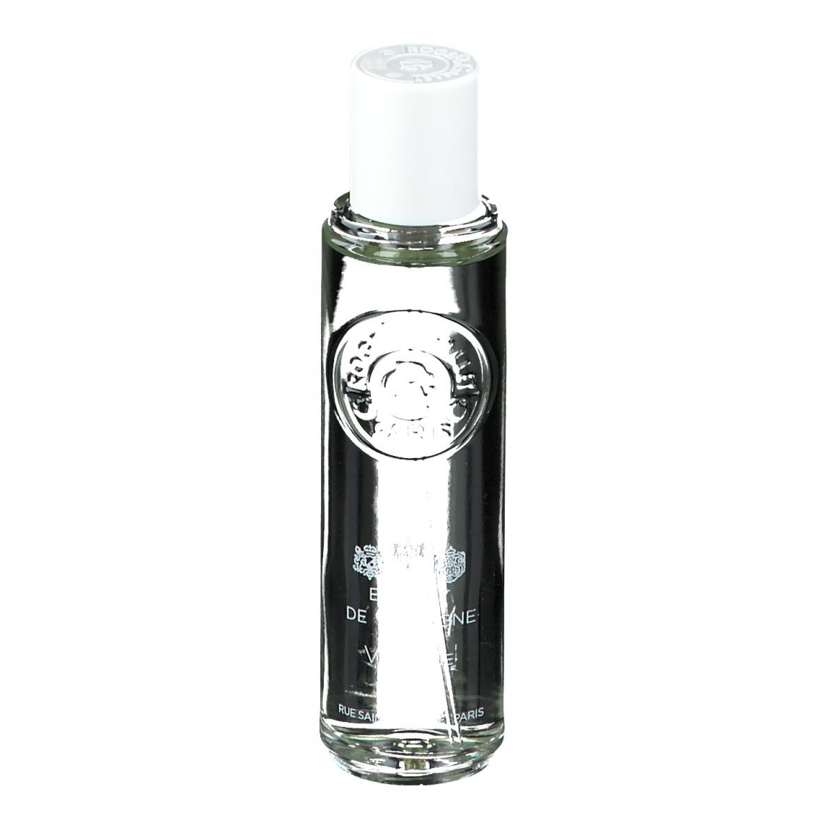 Flacon transparent avec bouchon blanc. Inscription: Extrait de Cologne, Verbena Utopia. Logo et texte.