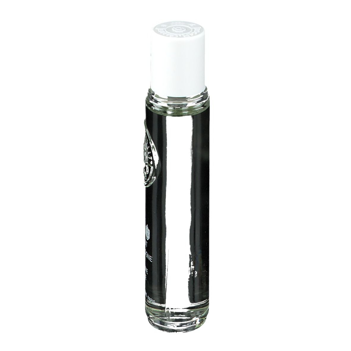 Flacon transparent et fin avec bouchon blanc. Inscription: Extrait de Cologne, Verbena Utopia. Logo.