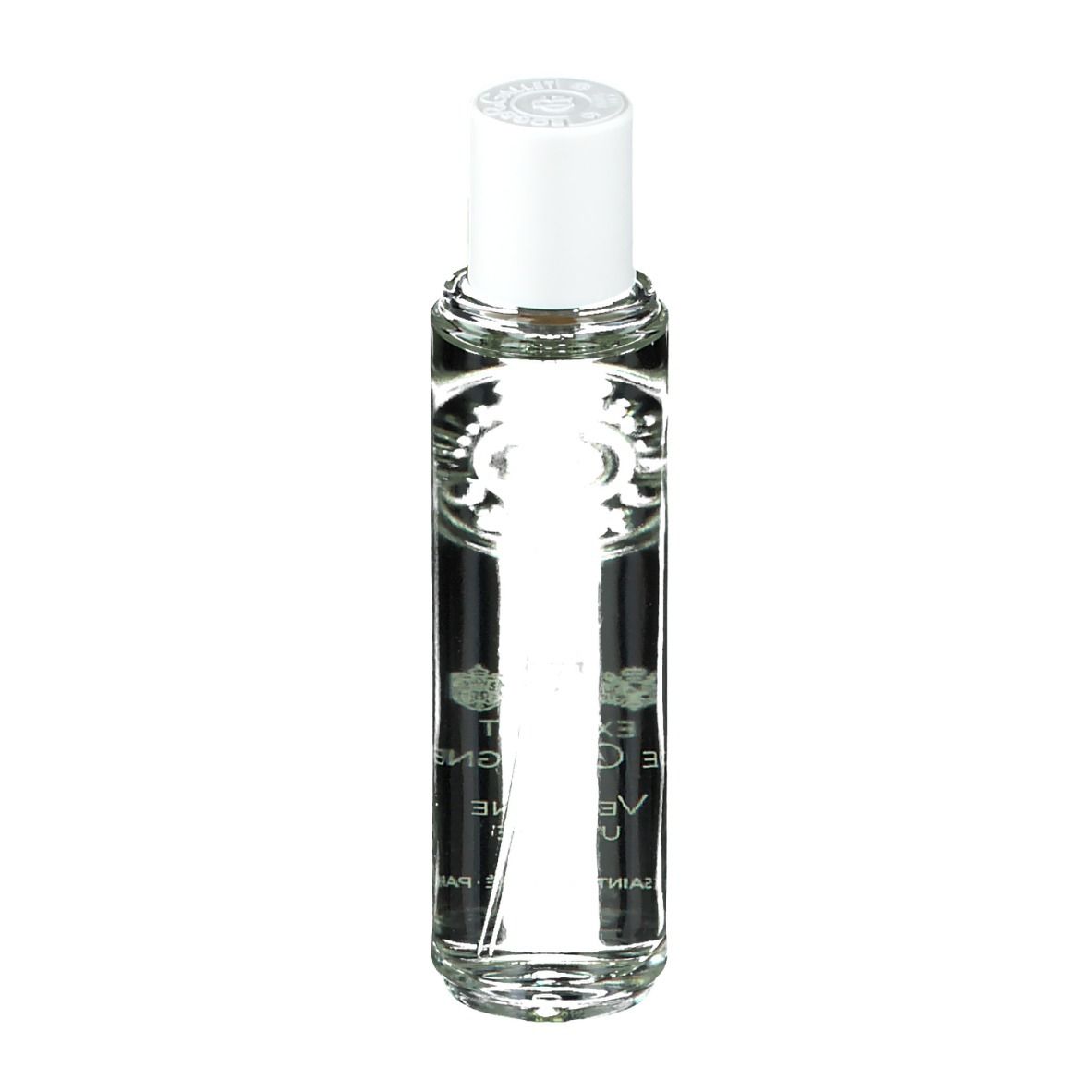 Flacon transparent avec bouchon blanc. Inscription: Extrait de Cologne, Verbena Utopia. Logo et texte.