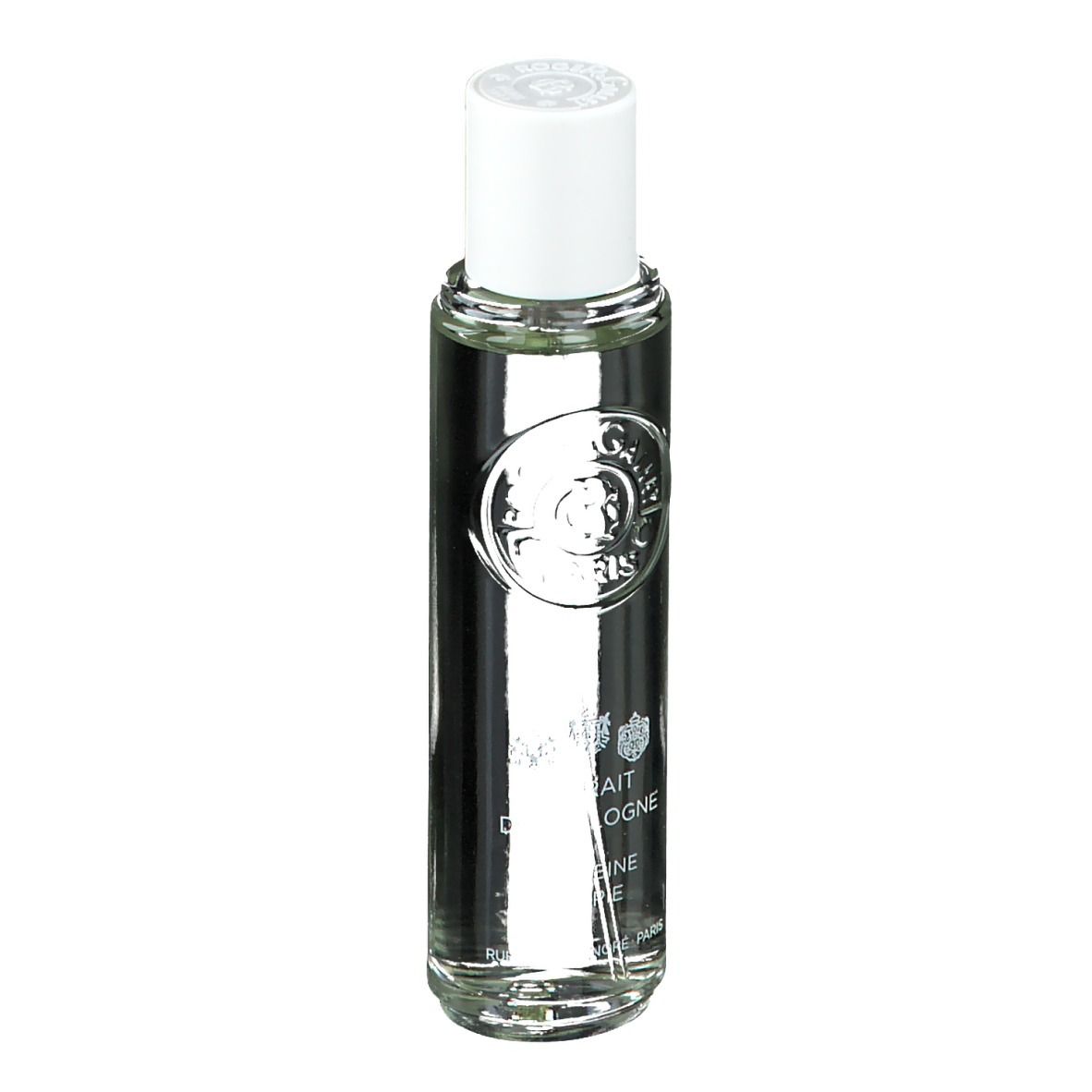 Flacon transparent avec bouchon blanc. Inscription: Extrait de Cologne, Verbena Utopia. Logo et texte.