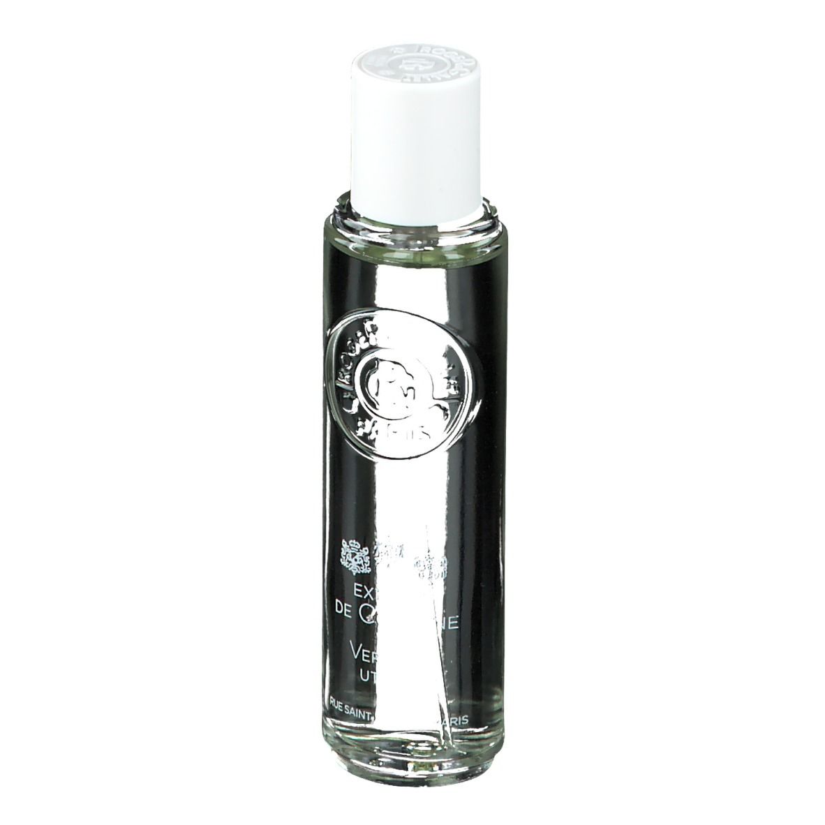 Flacon transparent avec bouchon blanc. Inscription: Extrait de Cologne, Verbena Utopia. Logo et texte.