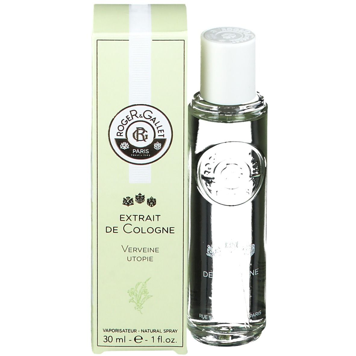 Produit avec emballage. Flacon avec bouchon blanc et boîte. Inscription: Extrait de Cologne, Verbena Utopia. Logo.