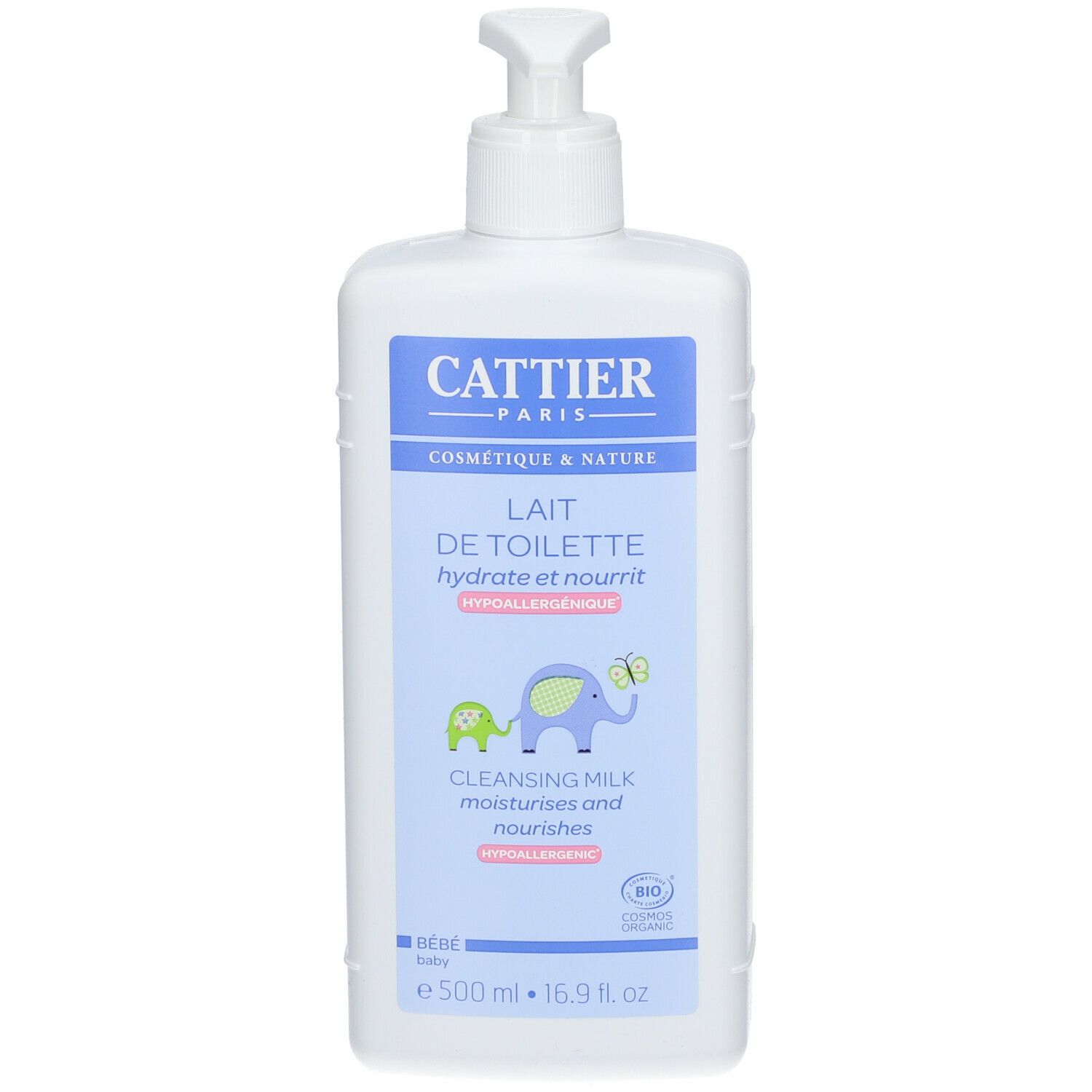 Flacon blanc avec pompe. Inscription: Cattier Paris, Lait de Toilette, hydrate et nourrit. Avec illustrations.