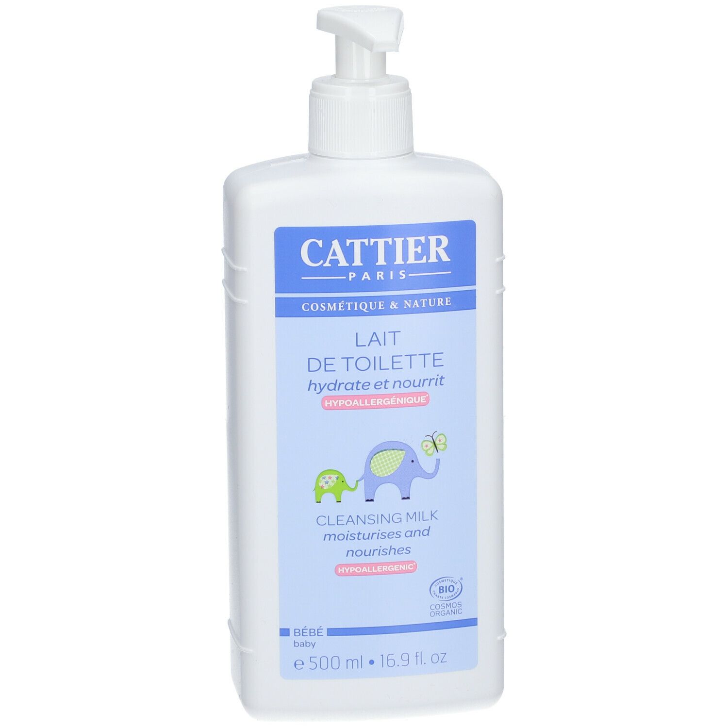 Flacon blanc avec pompe. Inscription: Cattier Paris, Lait de Toilette, hydrate et nourrit. Avec illustrations.