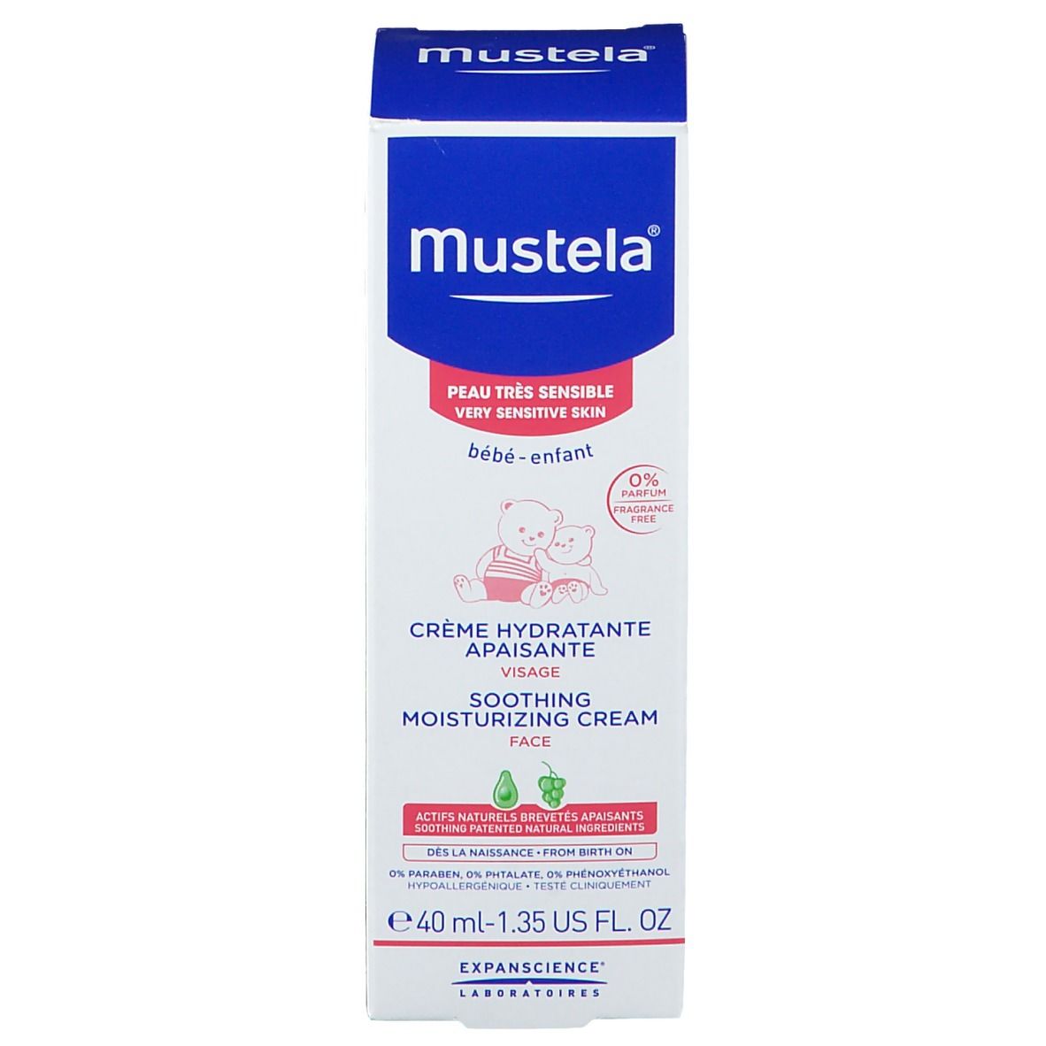 Emballage du produit avec logo et nom du produit. Contient du texte en français et en anglais. 40 ml.