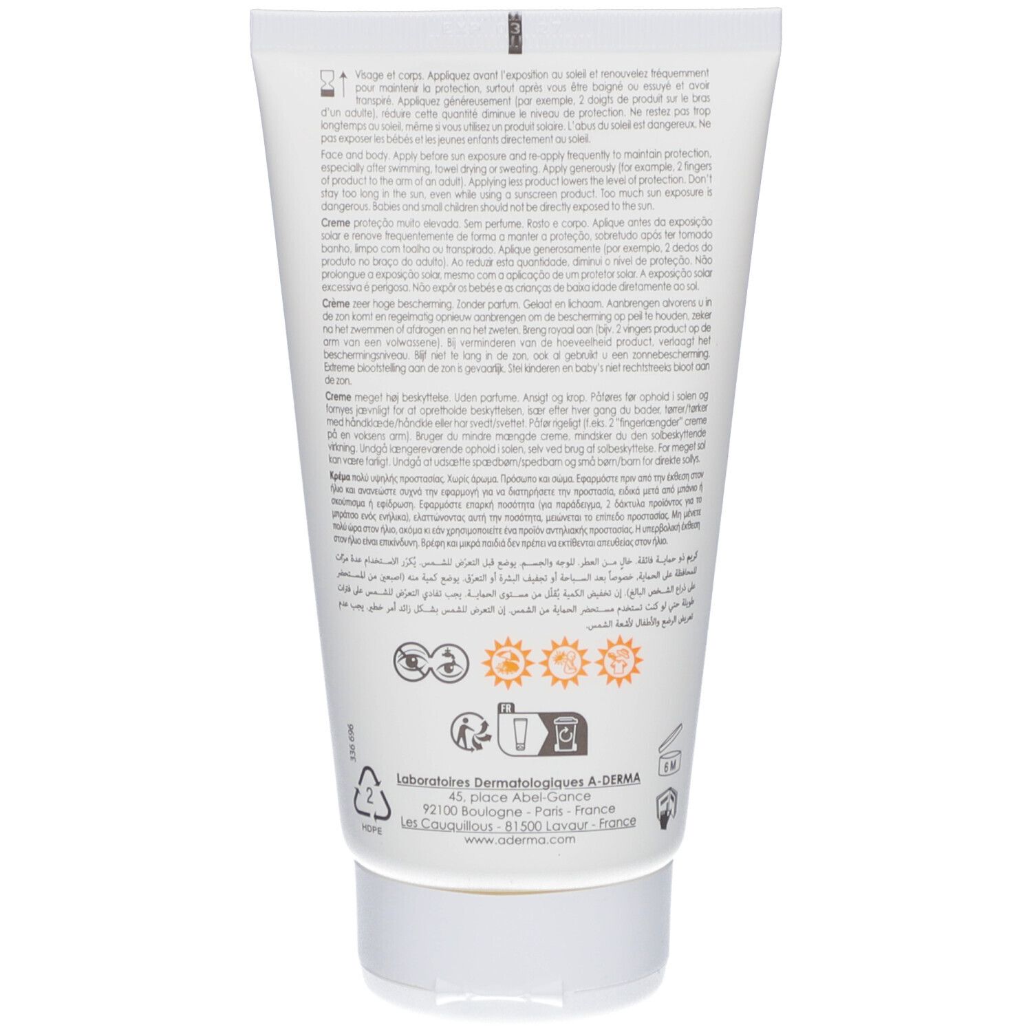 Dos du tube A-Derma Protect AD. Texte multilingue. Informations d'utilisation et ingrédients. Logos solaires.