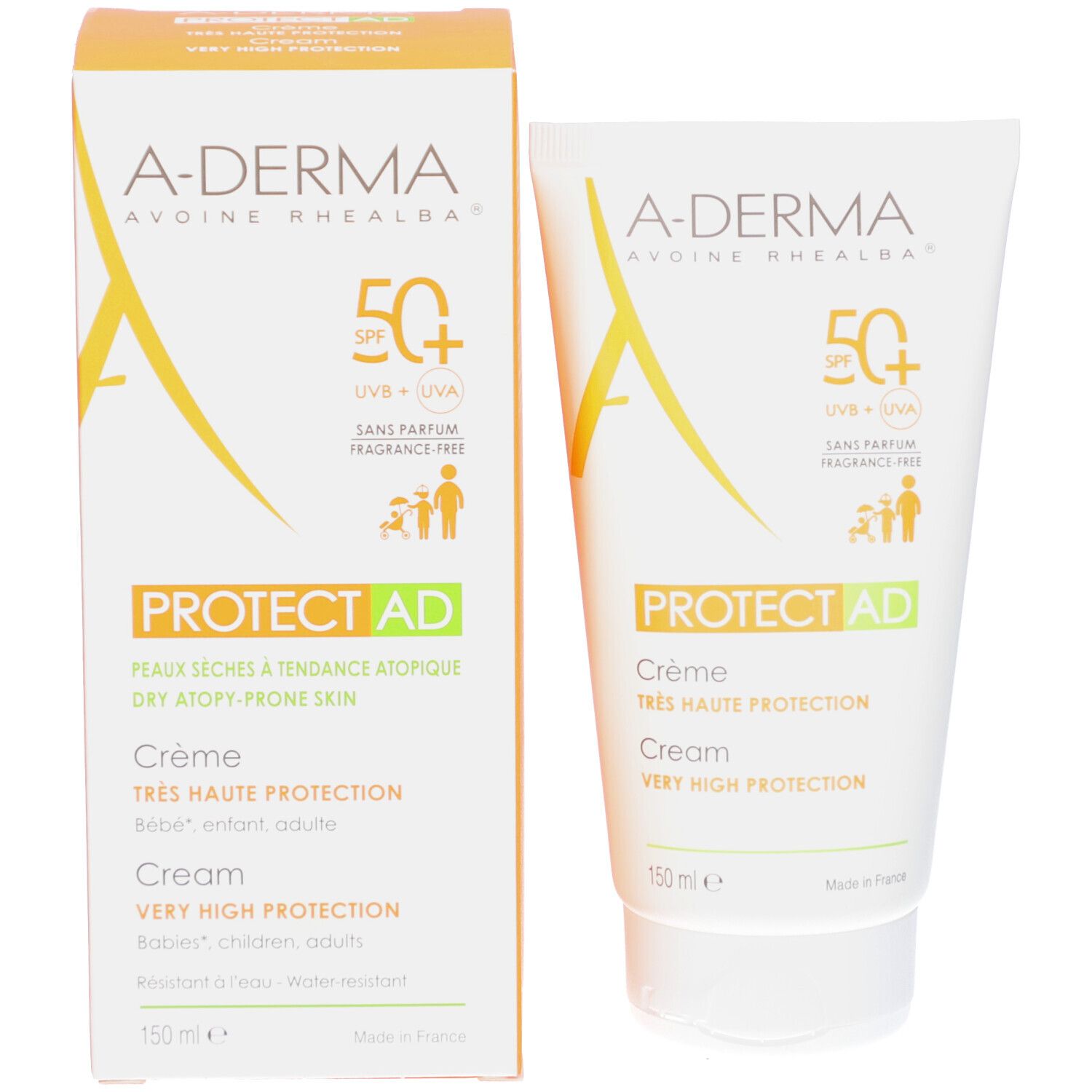 A-Derma Protect AD crème et emballage. Logo orange et texte. SPF50+. 150 ml. Pour peaux atopiques. Résistant à l'eau.