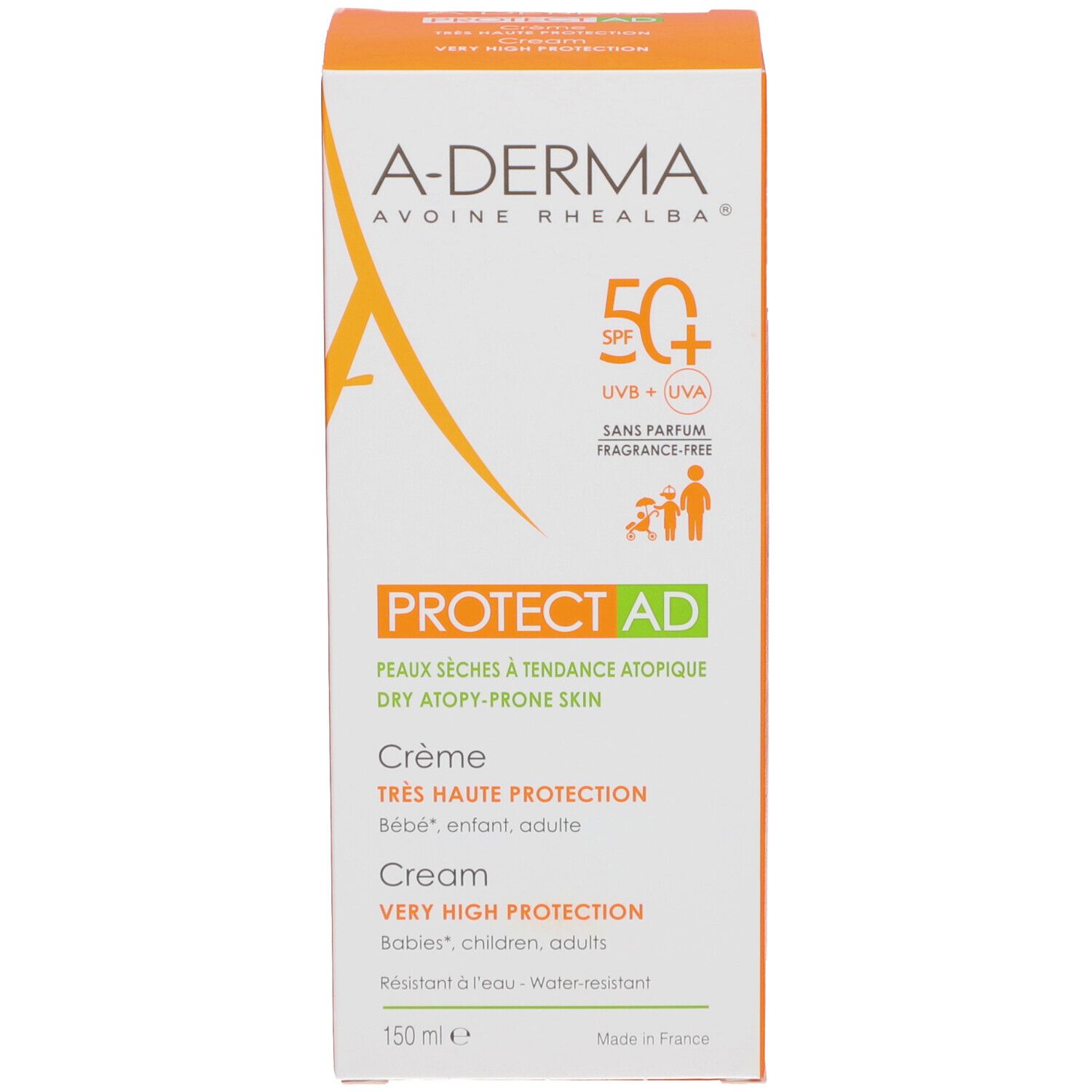 Emballage A-Derma Protect AD. Design orange. SPF50+ et nom du produit. Pour peaux atopiques. 150 ml. Résistant à l'eau.