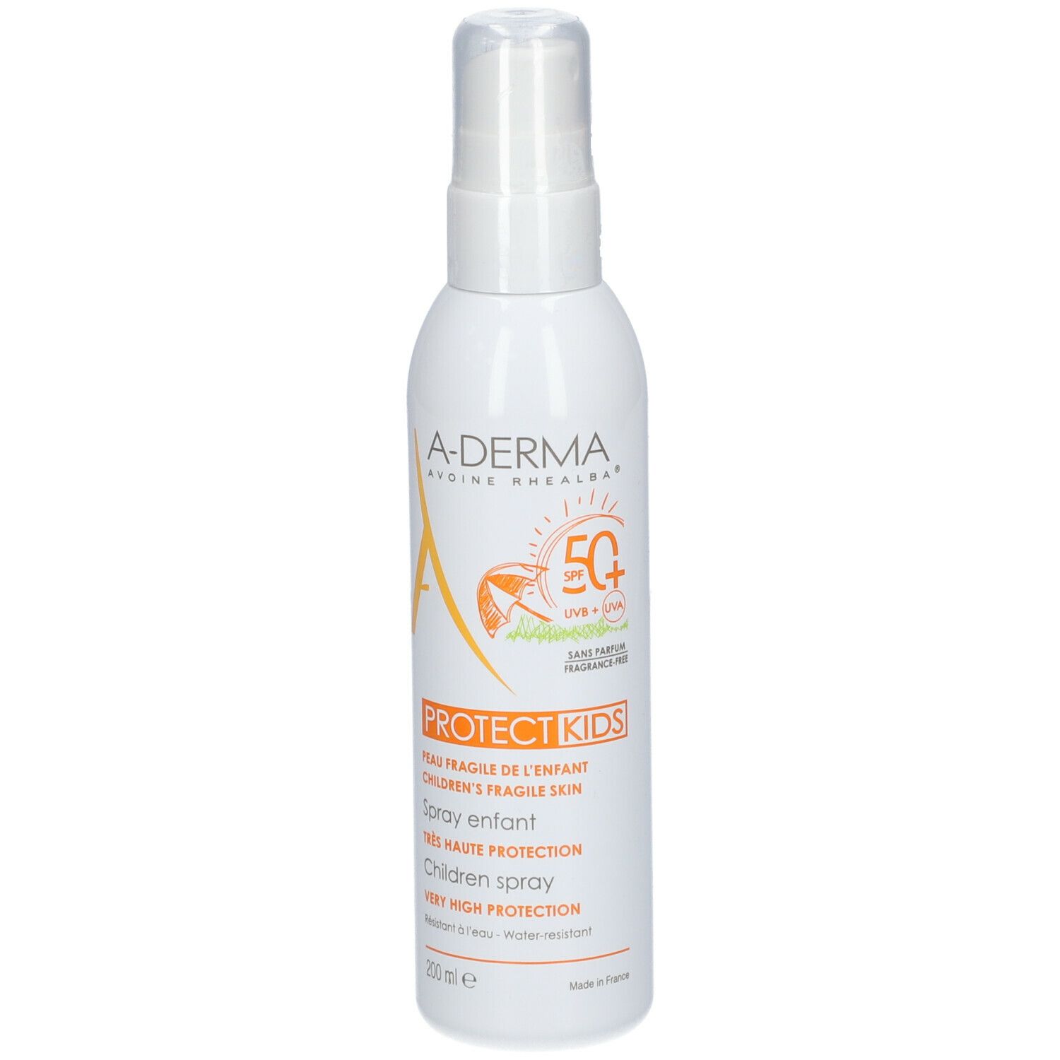 Flacon spray blanc A-Derma Protect Kids SPF50+. Texte: Spray enfant, très haute protection. Contient 200 ml.