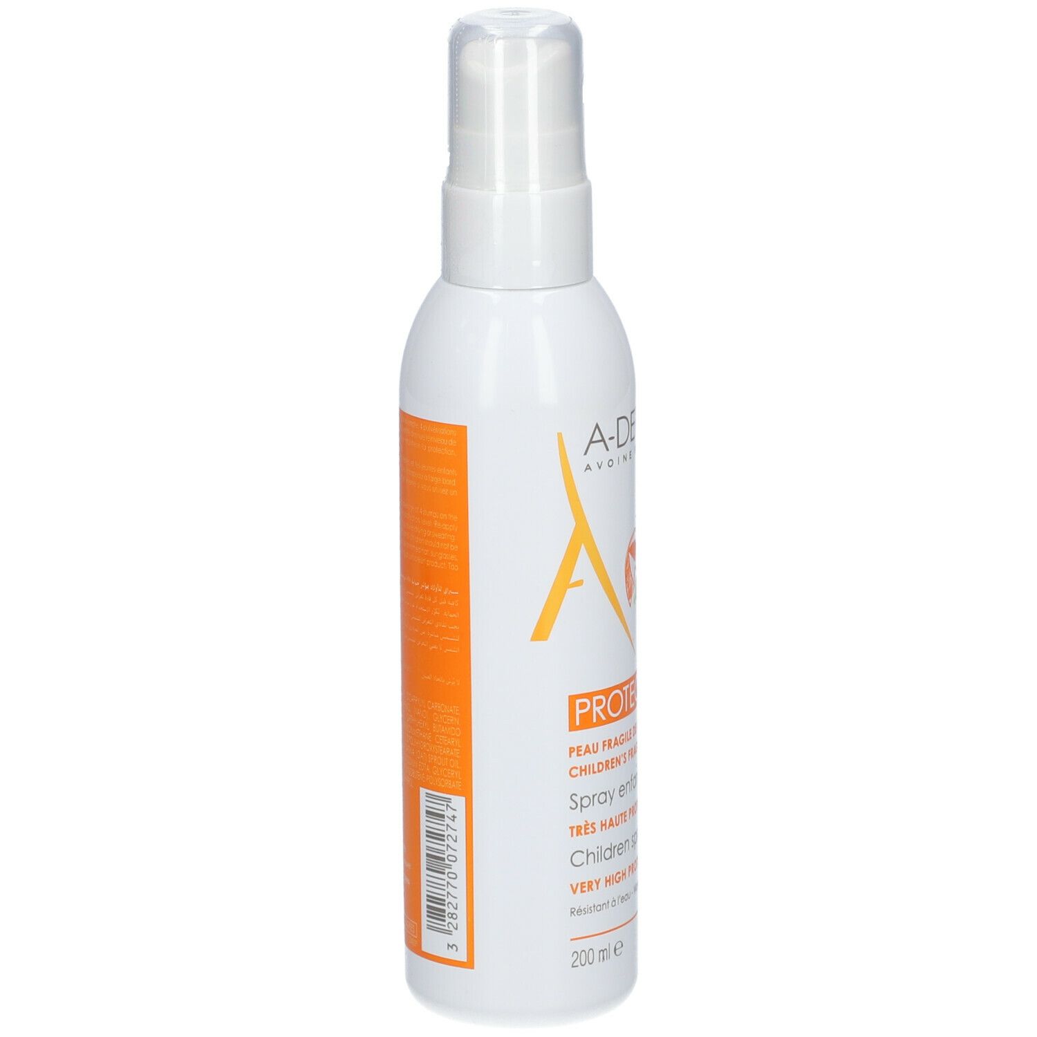 Flacon spray blanc A-Derma Protect Kids SPF50+. Texte: Spray enfant, très haute protection. Contient 200 ml.