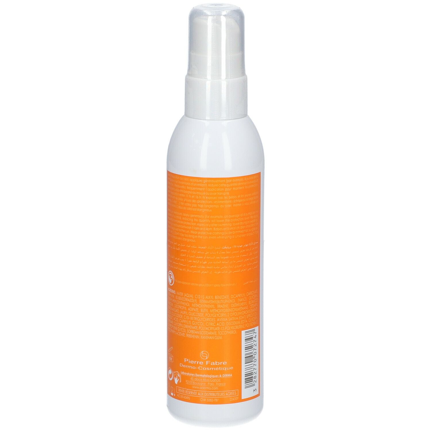 Dos du flacon spray blanc. Étiquette orange avec texte et logos. Contient des informations sur le produit.