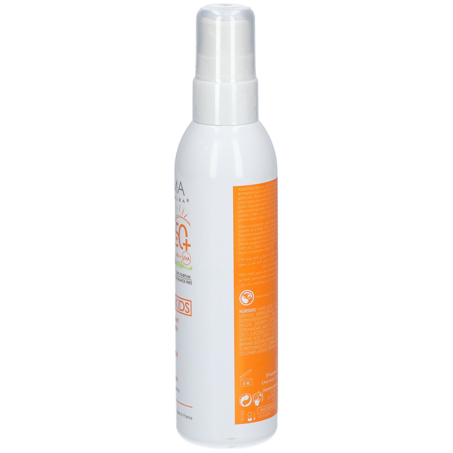 Dos du flacon spray blanc. Étiquette orange avec texte et logos. Contient des informations sur le produit.