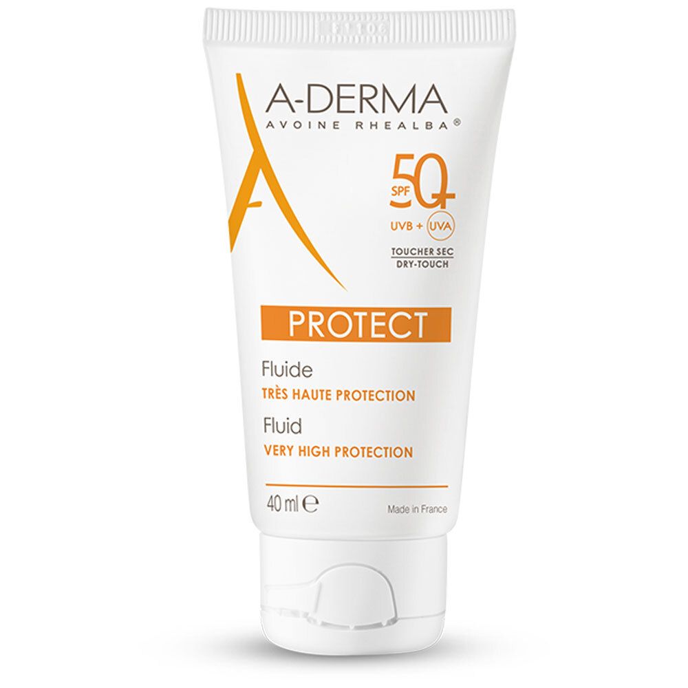 Tube blanche A-Derma, SPF 50+. Inscription orange PROTECT. 40 ml.