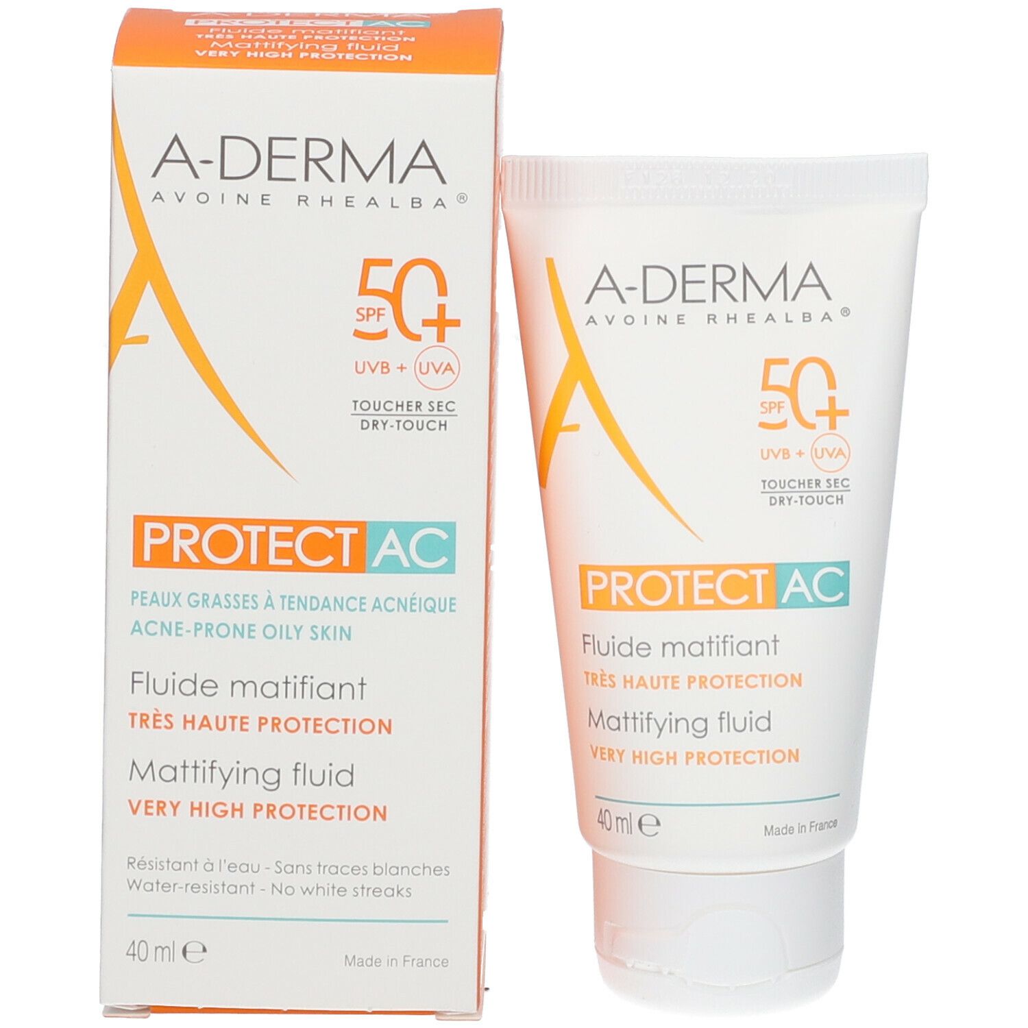 A-Derma Protect AC, tube et emballage. Boîte orange et tube blanc. SPF 50+.