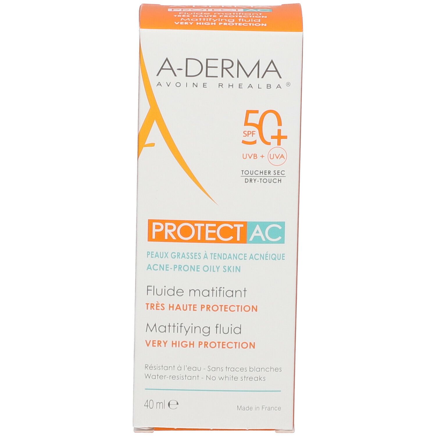 Emballage A-Derma Protect AC. Boîte orange avec informations produit. SPF 50+ et texte.