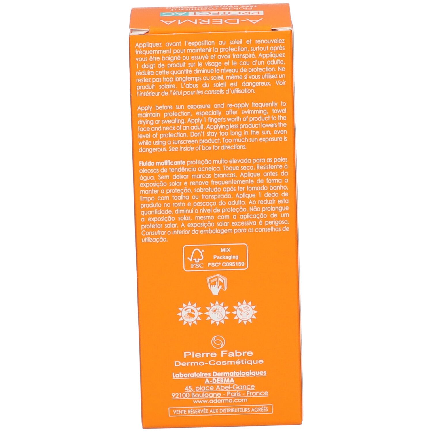 Dos de l'emballage A-Derma Protect AC. Texte multilingue. Informations d'utilisation.