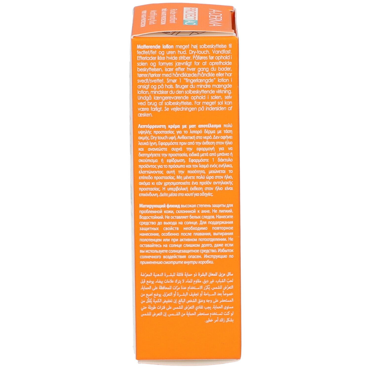 Dos de l'emballage A-Derma Protect AC. Texte multilingue. Informations d'utilisation.