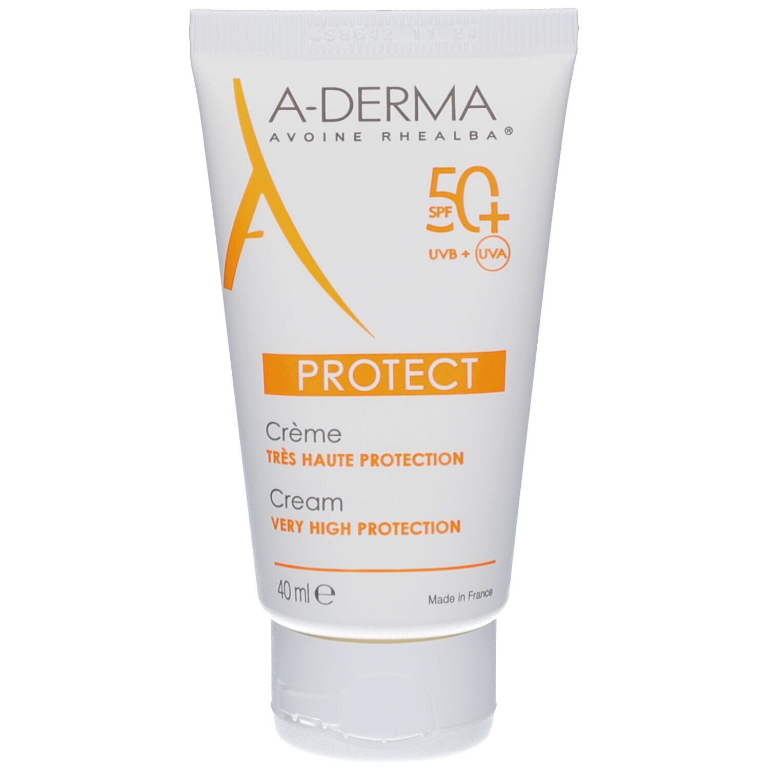 Tube blanc A-DERMA Protect Crème SPF 50+. Logo et texte orange. Texte: PROTECT, Crème, 40 ml.