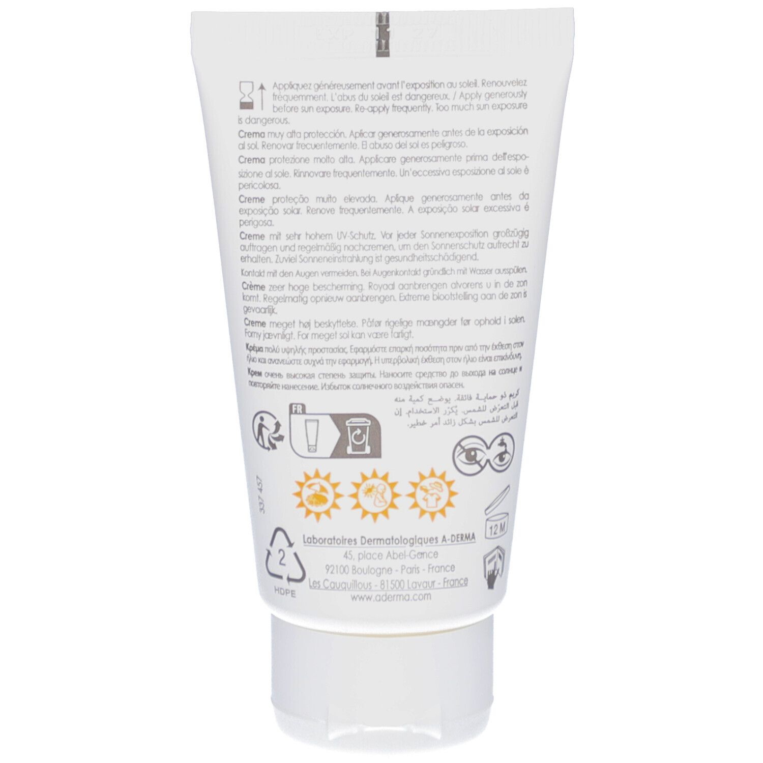 Dos du tube A-DERMA Protect Crème. Texte multilingue. Symboles: protection solaire, recyclage, 12M.