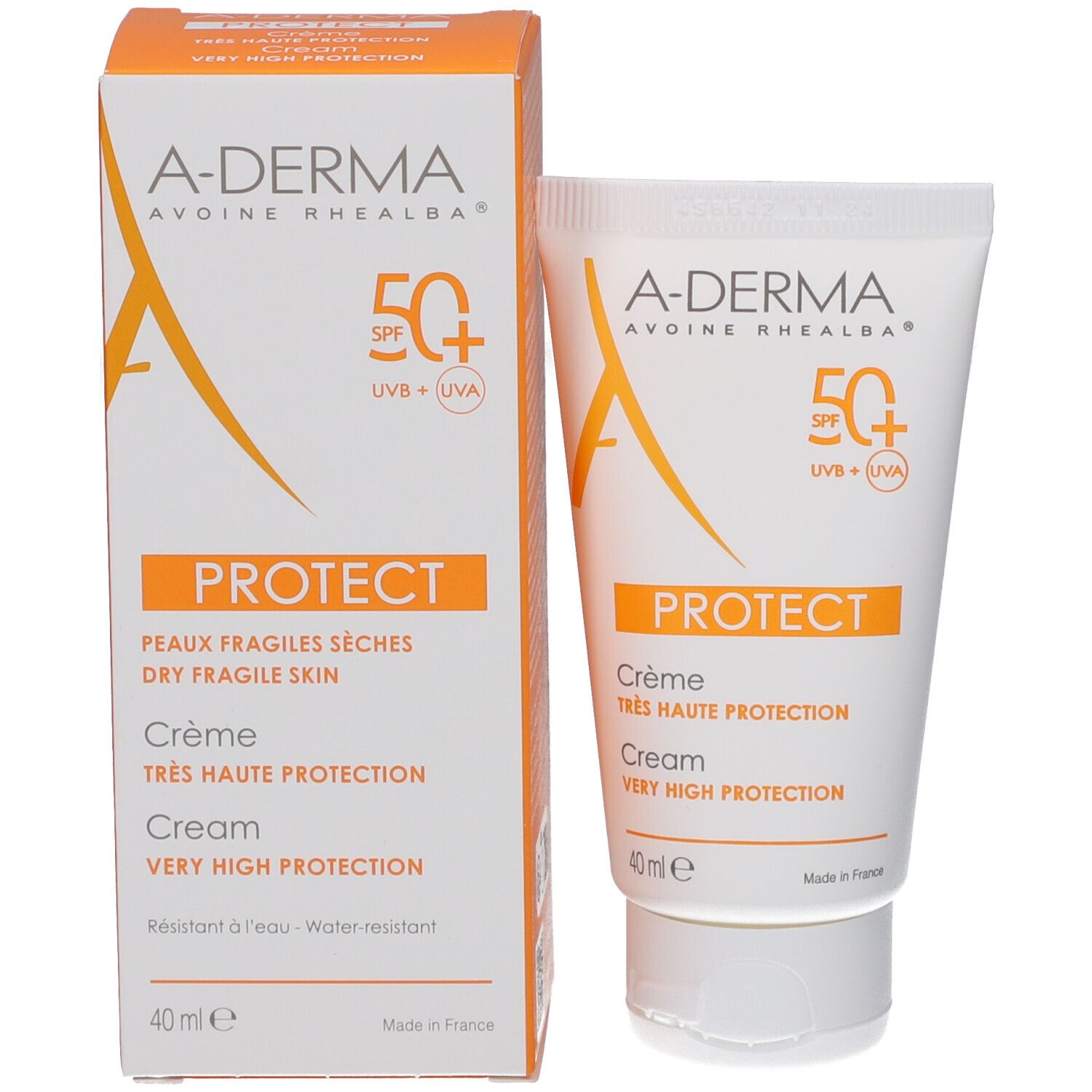 A-DERMA Protect Crème SPF 50+ et emballage. Design orange. Texte: PROTECT, 40 ml.