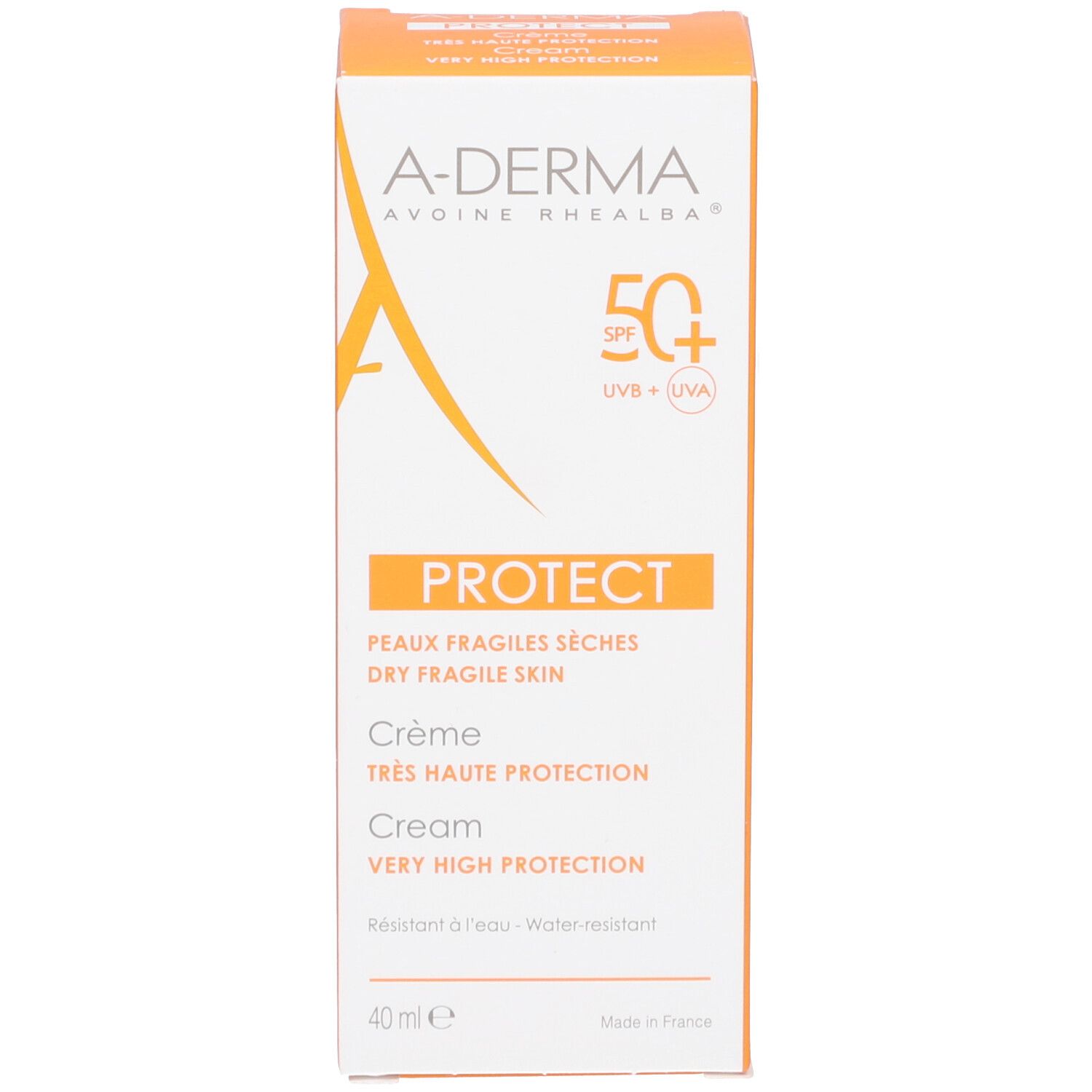 A-DERMA Protect Crème SPF 50+ en boîte. Design orange. Texte: PROTECT, 40 ml.