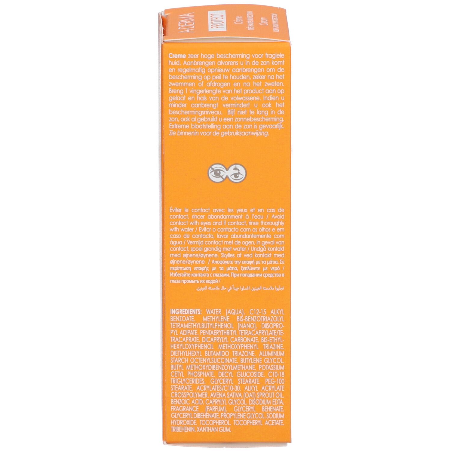 Dos de la boîte A-DERMA Protect Crème. Texte multilingue. Ingrédients.