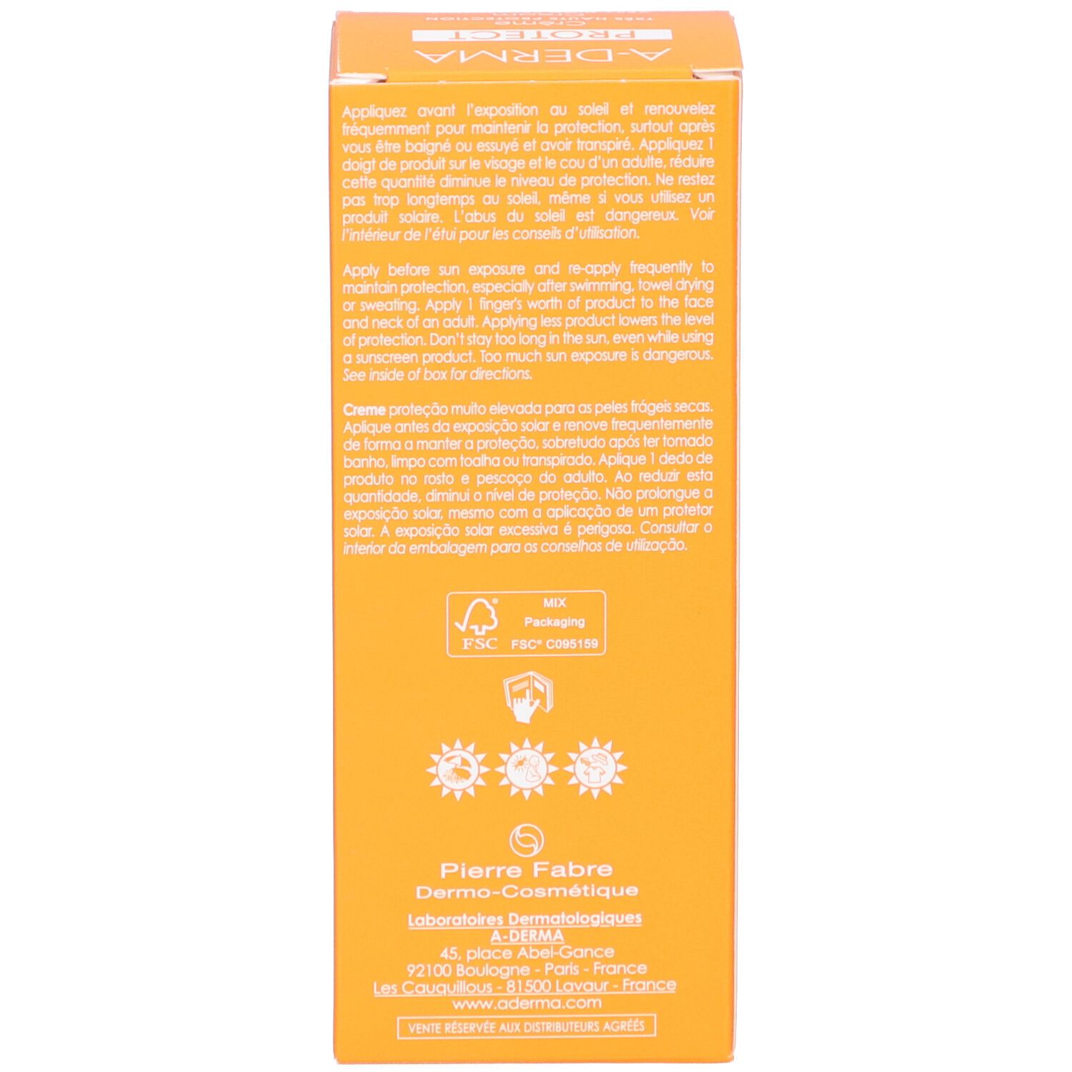 Dos de la boîte A-DERMA Protect Crème. Texte multilingue. Conseils d'utilisation.