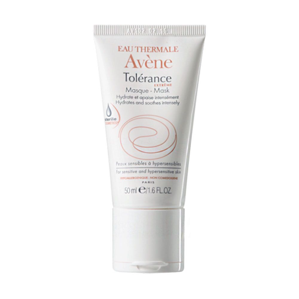 Tube blanc avec "Eau Thermale Avène Tolérance Extrême Masque". Contient 50 ml.