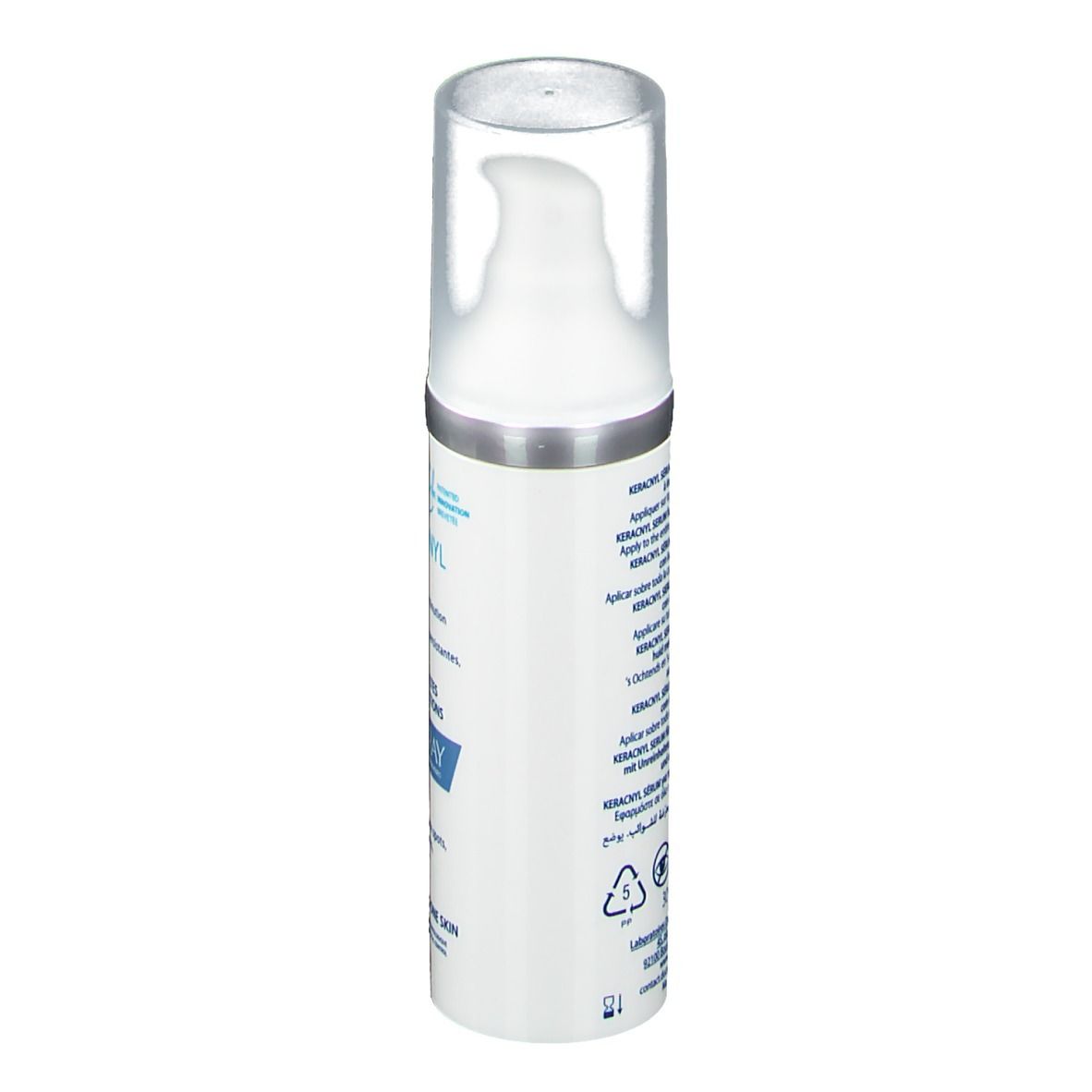 Flacon de sérum. Côté. Texte : Application, ingrédients, adresse du fabricant. 30 ml.