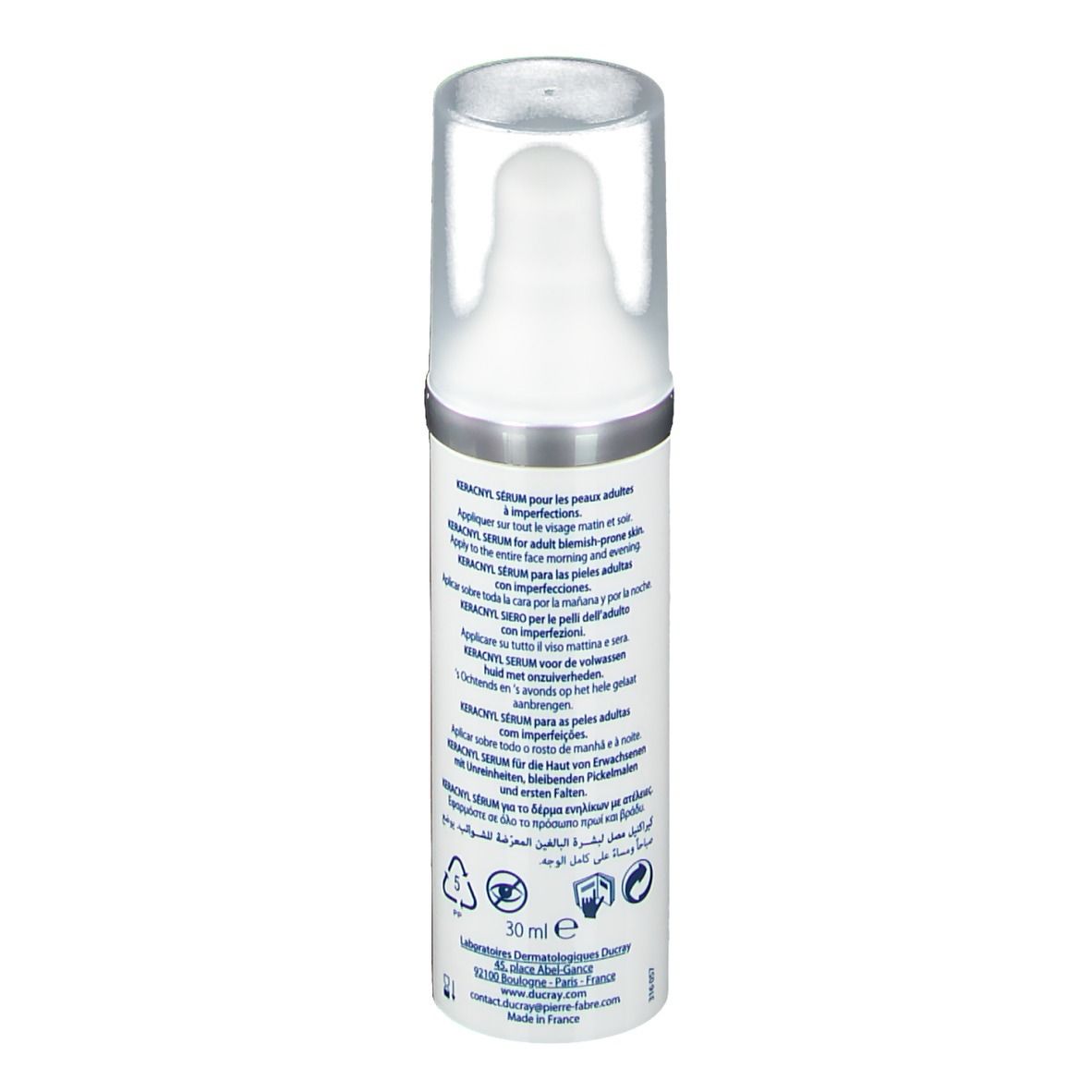 Flacon de sérum. Côté. Texte : Application, ingrédients, adresse du fabricant. 30 ml.