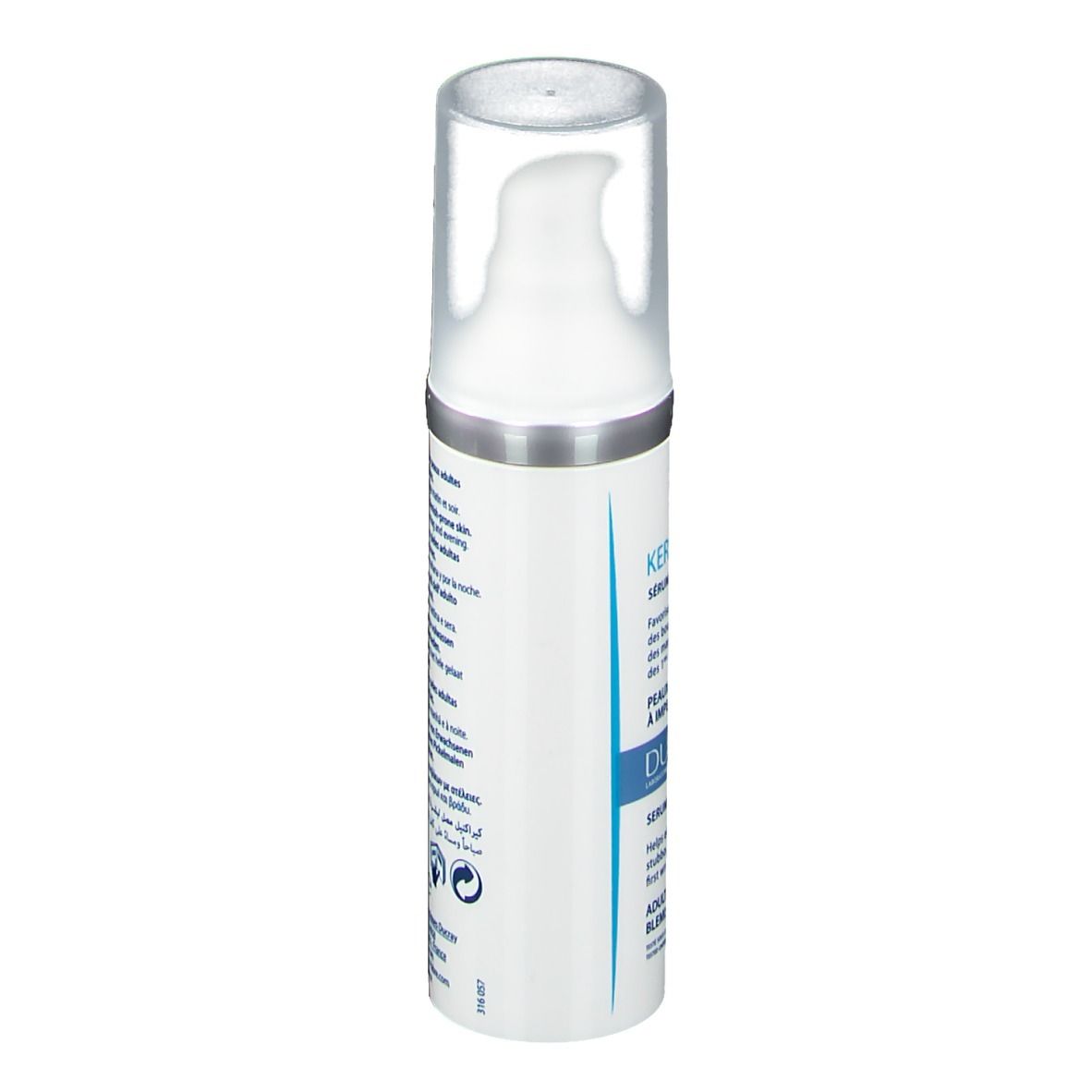 Flacon de sérum. Côté. Texte : Application, ingrédients, adresse du fabricant. 30 ml.