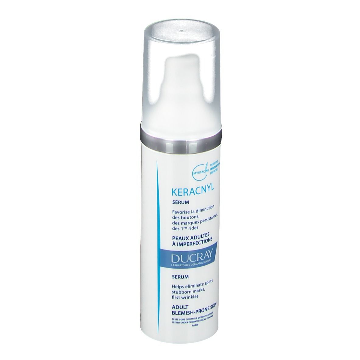 Flacon de sérum. Blanc avec pompe. Inscriptions : KERACNYL, DUCRAY. Pour peaux à imperfections.