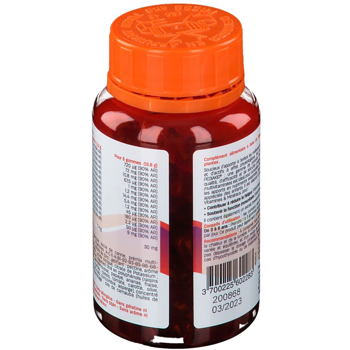 Dos du flacon PEDIAKID® Gommes Multivitaminées. Bouchon orange, étiquette avec informations nutritionnelles et ingrédients.