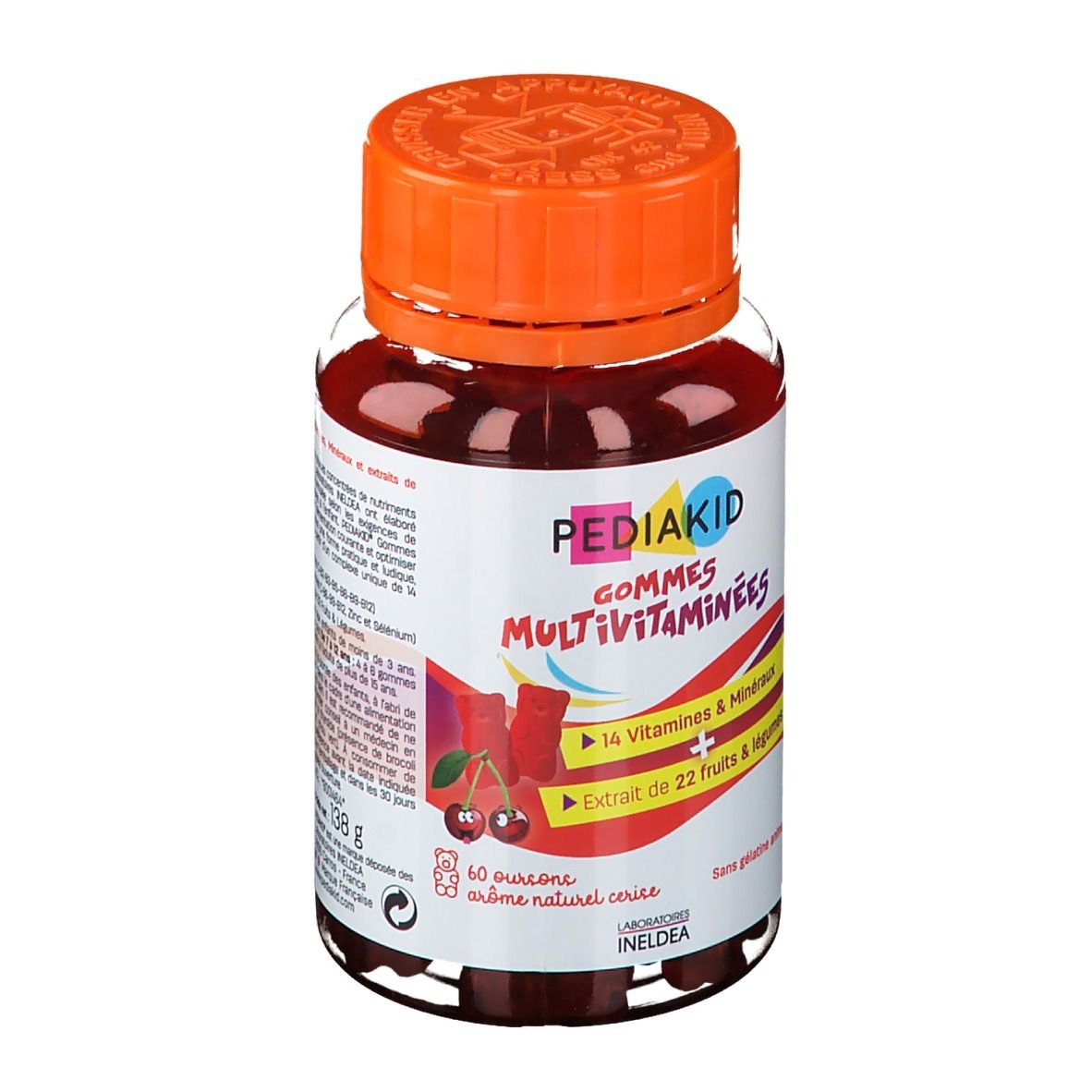 Flacon de PEDIAKID® Gommes Multivitaminées. Bouchon orange, produit visible. Bonbons gélifiés à la cerise à l'intérieur.