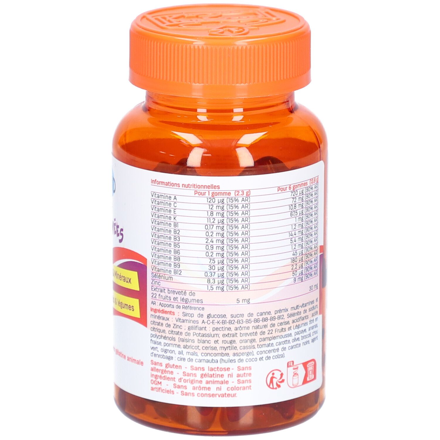 Dos du flacon PEDIAKID® Gommes Multivitaminées. Bouchon orange, étiquette avec informations nutritionnelles et ingrédients.