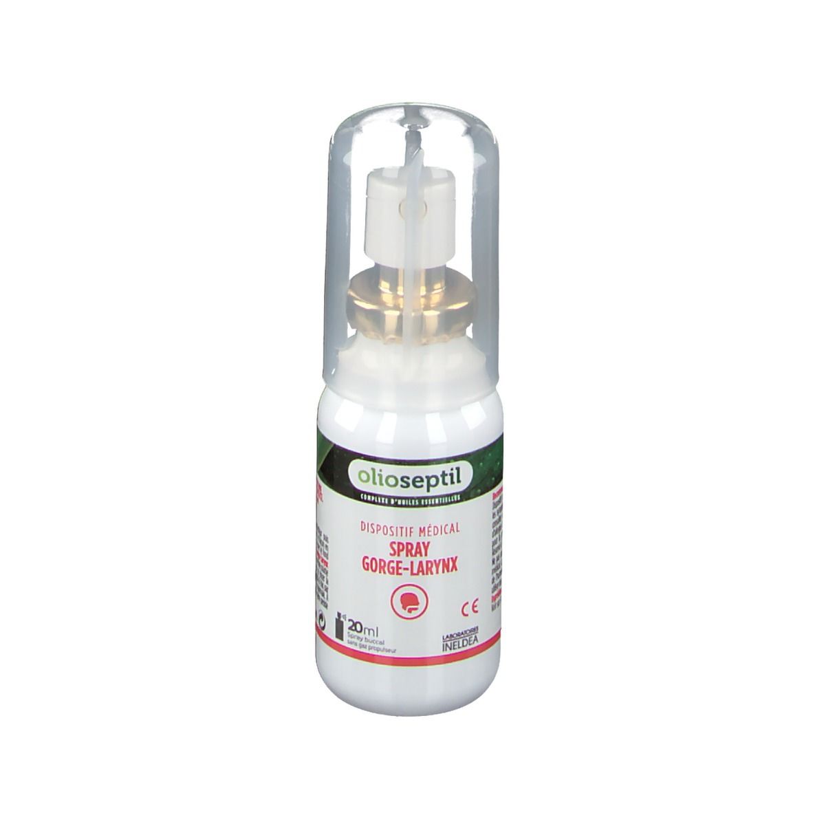 Spray gorge-larynx olioseptil® avec capuchon. Flacon blanc, embout doré. Texte: dispositif médical, 20ml.