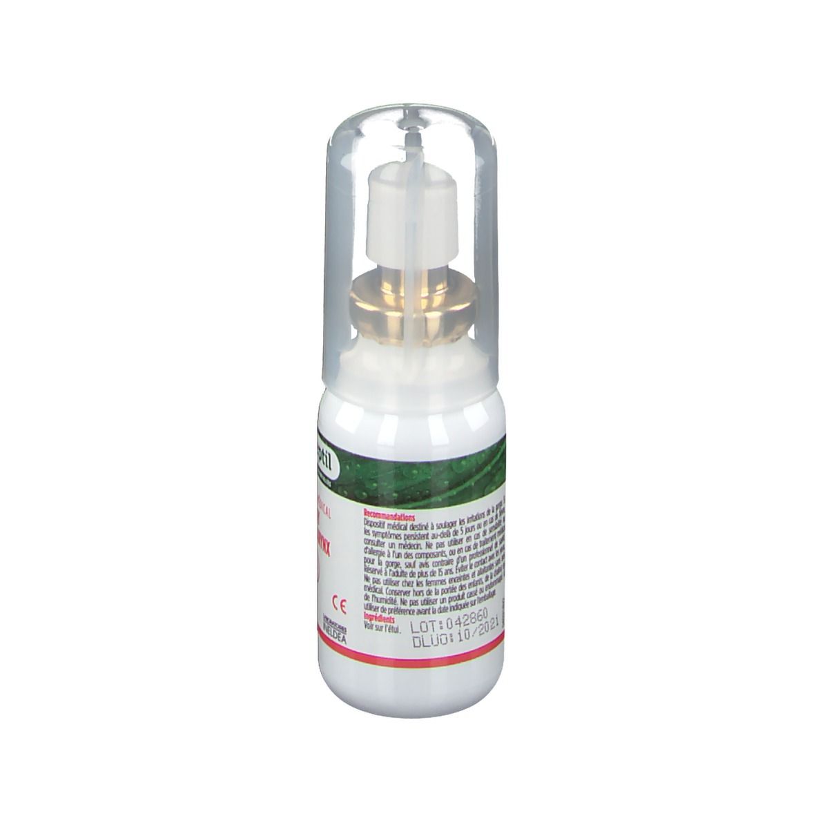 Spray gorge-larynx olioseptil® avec capuchon. Flacon blanc, embout doré. Texte: dispositif médical, 20ml.
