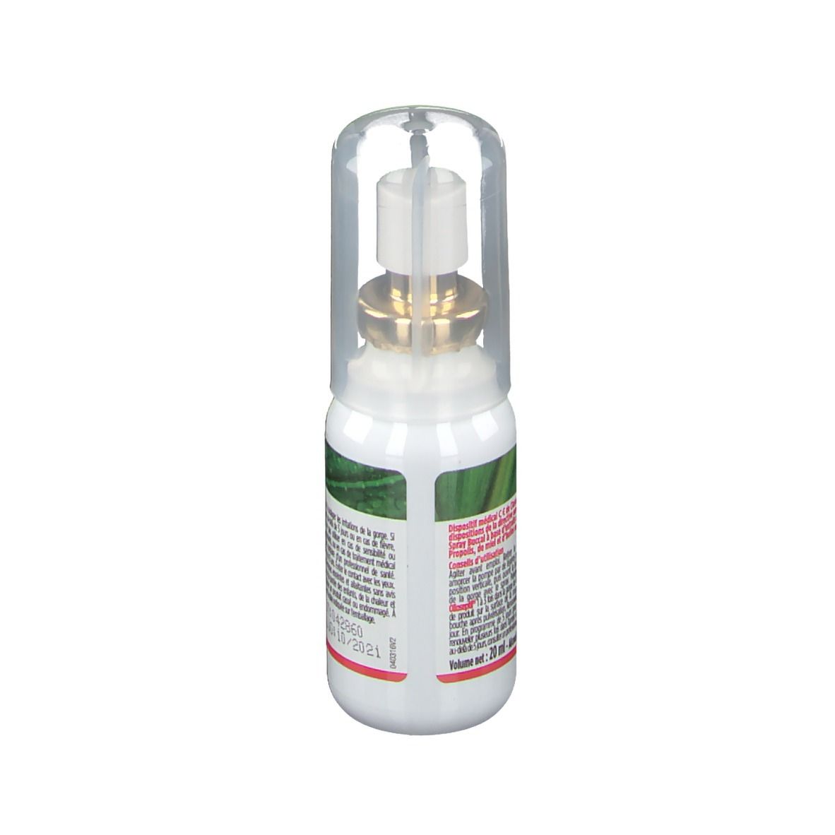 Spray gorge-larynx olioseptil® avec capuchon. Flacon blanc, embout doré. Texte: dispositif médical, 20ml.