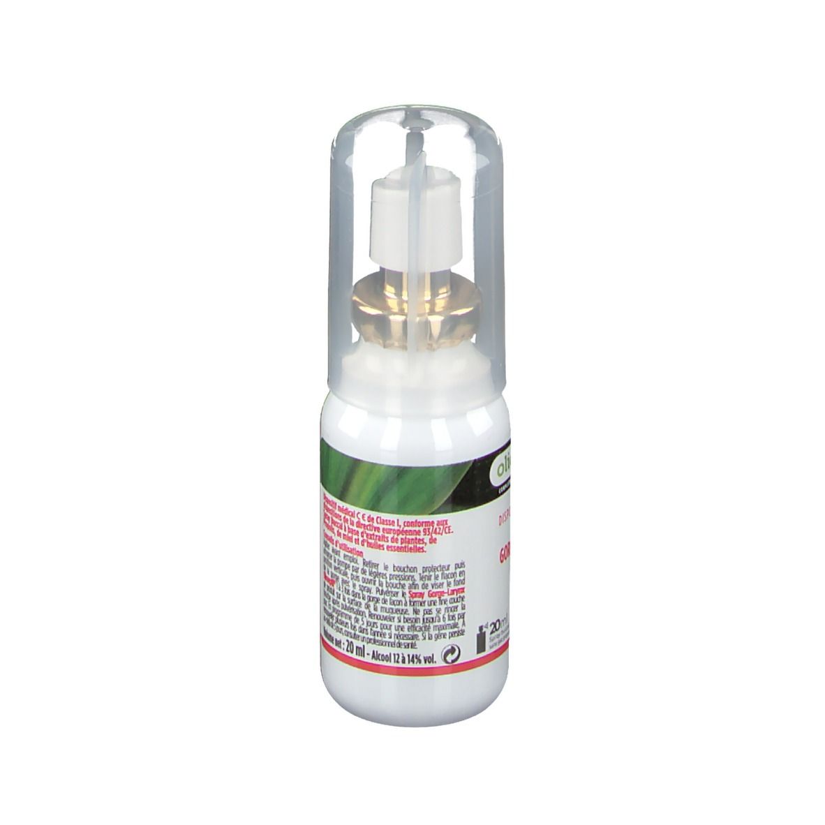 Spray gorge-larynx olioseptil® avec capuchon. Flacon blanc, embout doré. Texte: dispositif médical, 20ml.