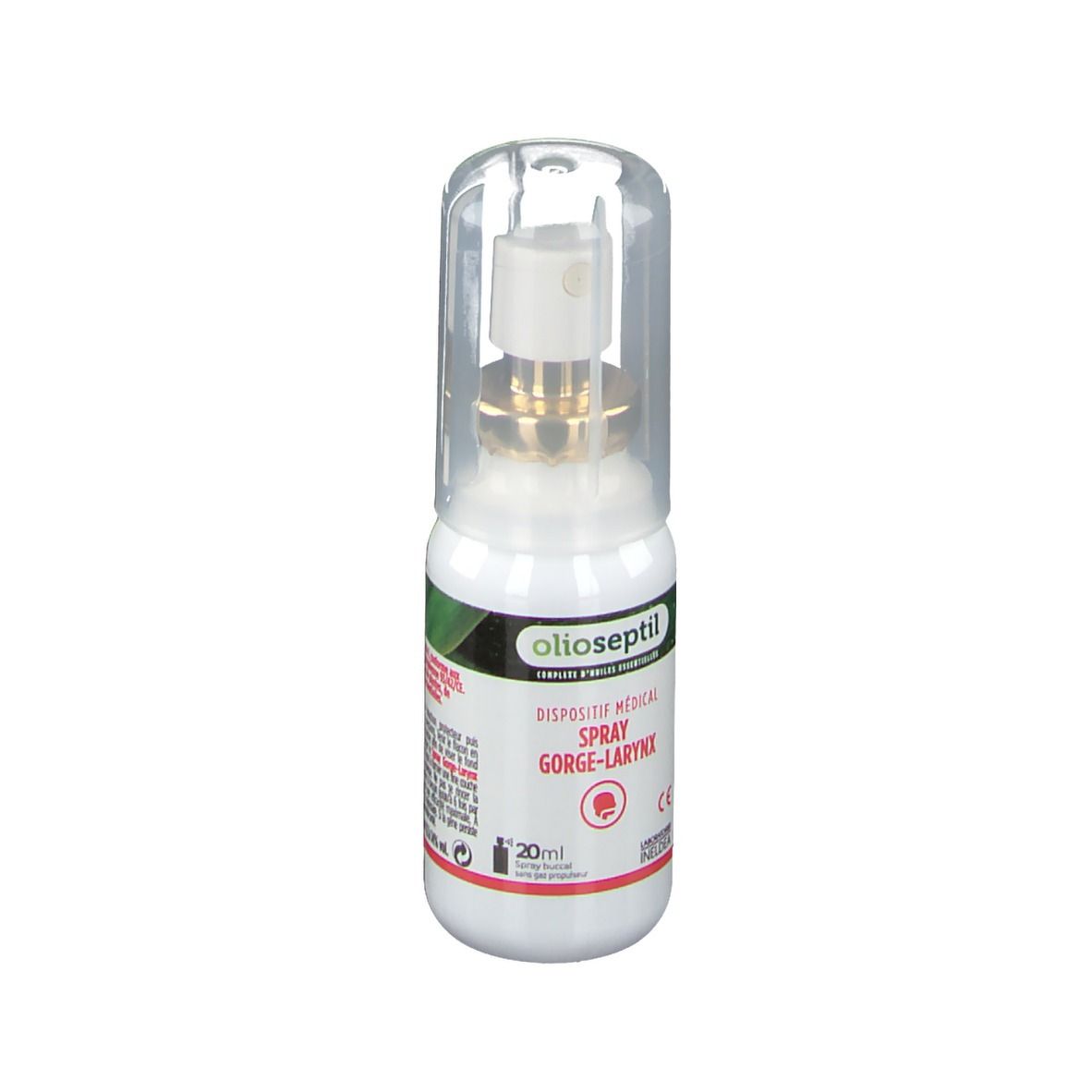 Spray gorge-larynx olioseptil® avec capuchon. Flacon blanc, embout doré. Texte: dispositif médical, 20ml.