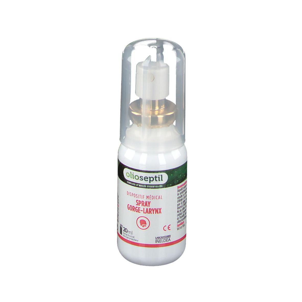 Spray gorge-larynx olioseptil® avec capuchon. Flacon blanc, embout doré. Texte: dispositif médical, 20ml.