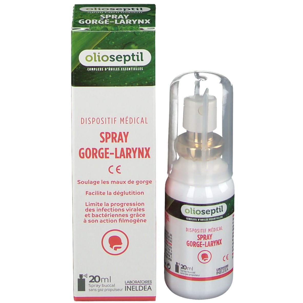 Spray gorge-larynx olioseptil® avec emballage. Flacon blanc, capuchon transparent. Texte: dispositif médical, 20ml.
