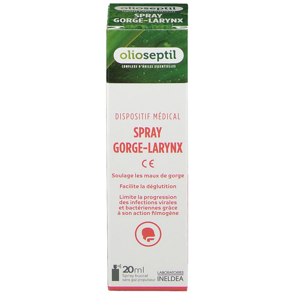 Emballage de spray gorge-larynx olioseptil®. Texte: dispositif médical, 20ml. Ingrédients et informations.