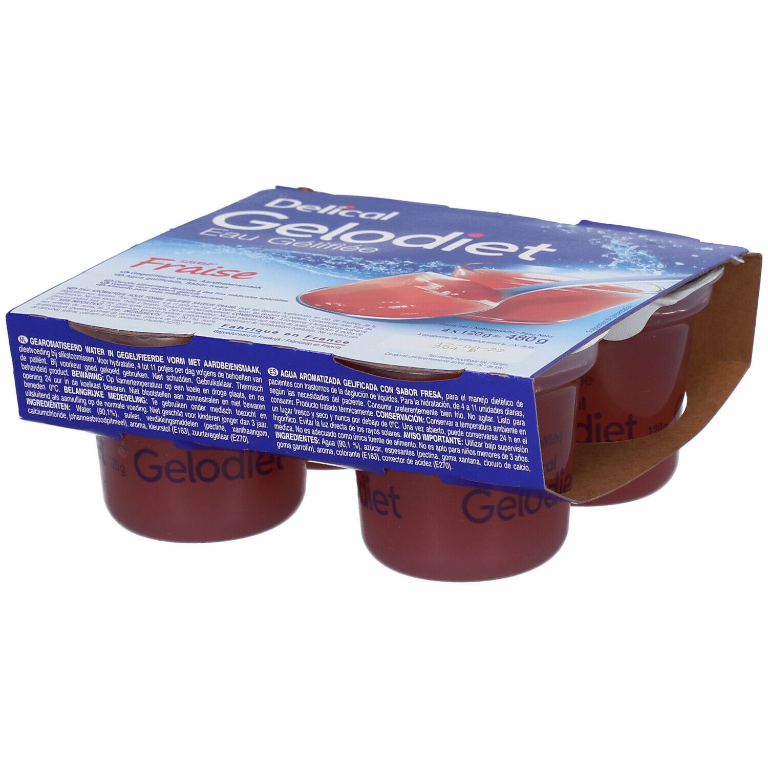 Quatre pots d'eau gélifiée fraise Gelodiet dans un carton.